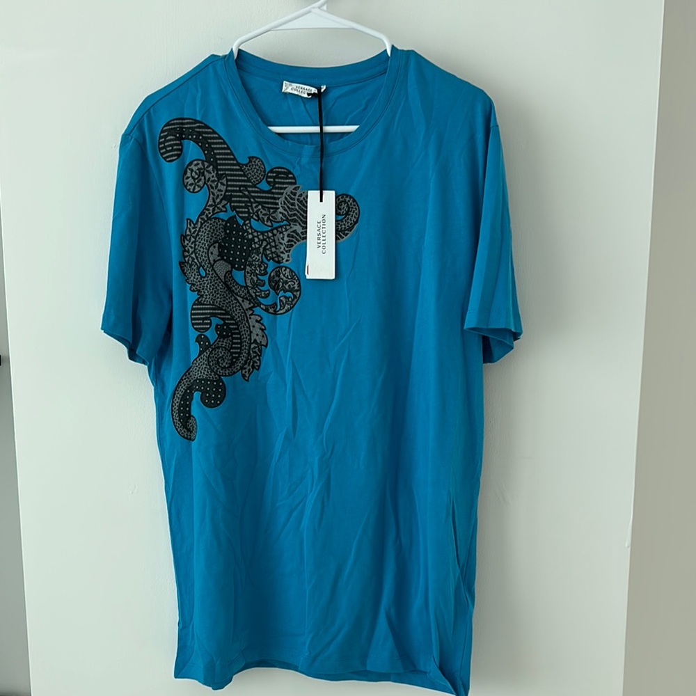 Versace Blue Short Sleeve Tee with Swirling Graphic
